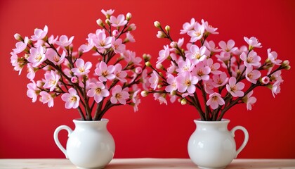 Cherry Blossom Vases Silverware Red Background