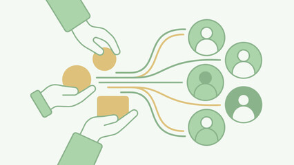 Conceptual illustration of resources being distributed to multiple recipients, abstract representation of sharing and community, teamwork and collective effort visualized