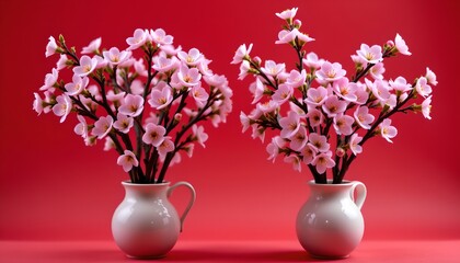 Cherry Blossom Vases Red Background