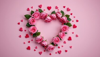 Romantic Pink Rose Heart with Red Hearts and Petals