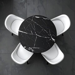 Round black marble table surrounded by four curved white chairs on grey tiles. Top-down view