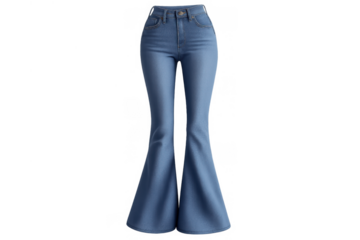 Blue denim flare jeans, high waisted, featuring a retro bell-bottom style, isolated on transparent background