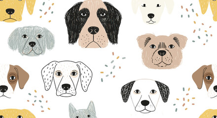 Fototapeta premium Seamless pattern with cute, hand-drawn dog faces in a sketchy style, featuring various breeds and colorful confetti on a white background.
