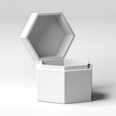 An open white hexagonal box sits on a white surface showcasing its geometric design