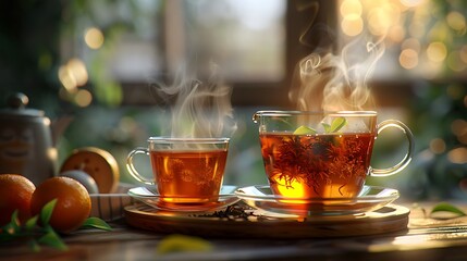 Amber Colored Tea Glass Cups Steam Rising Wooden Tray Tea Leaves Warm
