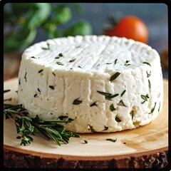 Round cheese sprinkled with herbs sits on wooden board, tomato and greenery blurry in background