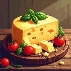 Round cheese with holes on wooden board next to basil leaves and red tomatoes against brown wall