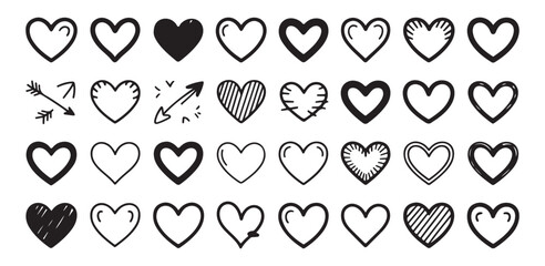 Set of 28 hand drawn doodle hearts isolated on white background, variety of styles and textures, vector illustration