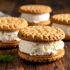 Round cookies sandwiching creamy white ice cream, arranged on a wooden surface with a small mint sprig for garnish
