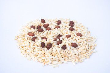 Puffed Rice With Peanuts Spread On White Background, Light Snack, Healthy Crunch Concept.
