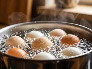 Close-up view of several raw eggs boiling in a pot of water on a stovetop, creating a bubbly and steamy scene