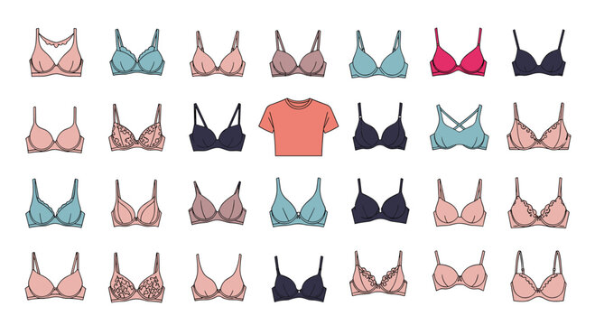 Lingerie collection features a variety of bras in different colors and styles arranged around a single coral t-shirt.