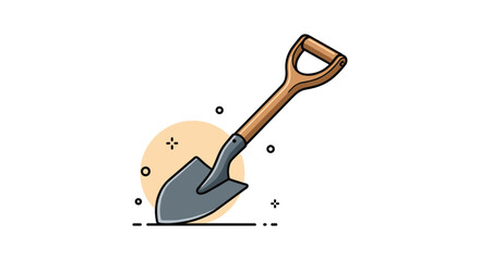 Classic garden shovel or metal spade with a wooden handle is positioned against a soft orange circular background for landscaping.
