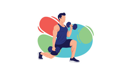 Athletic man performs lunges while lifting heavy dumbbells against a colorful abstract background to showcase fitness training.