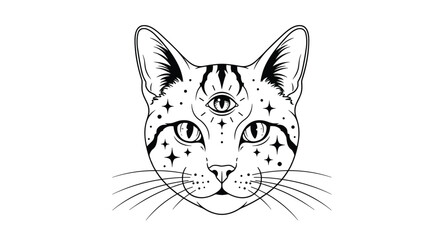 Obraz premium Mystical cat portrait with a third eye and celestial star decorations in a clean black and white line art style for esoteric designs.