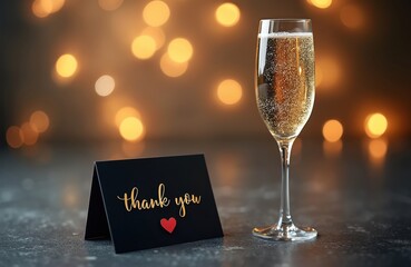 Elegant black card with thank you text and red heart sits beside champagne flute. Sparkling wine with bubbles fills glass. Warm bokeh lights create festive atmosphere for celebration.