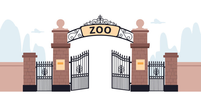 Wrought iron gate at a zoo entrance stands between brick pillars under a cloudy sky with mountain silhouettes in the distance.