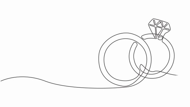 wedding rings one continuous line drawing vector, Wedding rings line proposal engagement or love concept, Full length one line animation. 4K, Animated self drawing, Romantic template for invitations.