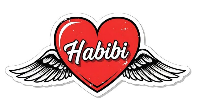 Habibi Text in Heart with Wings Retro Vector Sticker