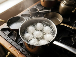 Boiling Eggs in a Pot on a Stove A Close-Up View of Breakfast Preparation