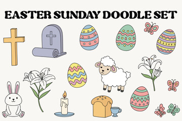 Easter Sunday Doodle Illustration Set with Religious and Spring Elements
