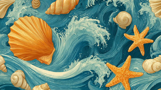 Vector seamless pattern of seashells, starfish and ocean waves for background