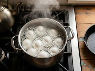 Eggs boiling in a pot of water on a stovetop, a common breakfast preparation