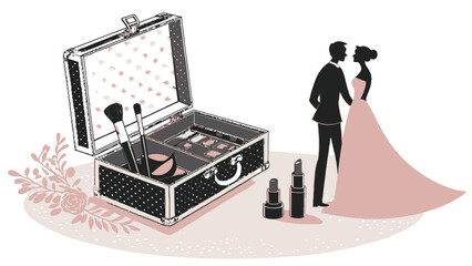 Elegant wedding couple with luxurious makeup case and cosmetics