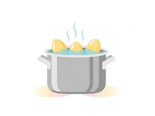 Eggs being boiled in a pot of water on a stove, with steam rising