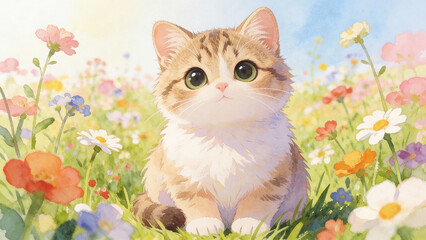 Obraz premium Cute Watercolor Illustration of a Kitten in a Flower Field
