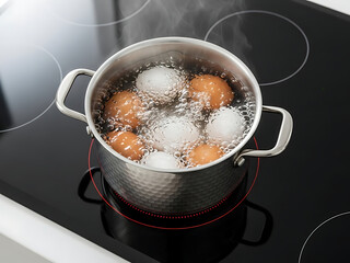Boiling eggs in a pot of water on a modern stovetop with steam rising