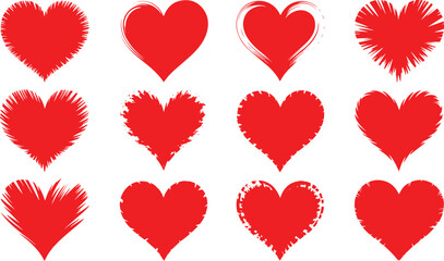 Red grunge heart shapes collection featuring distressed brush stroke textures and rough edges ideal for Valentine's Day design projects and romantic backgrounds isolated on transparent