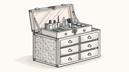 Vintage makeup case with brushes and cosmetics open on dresser