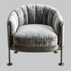 Round plush gray chair with gold metal frame on a plain background, front view