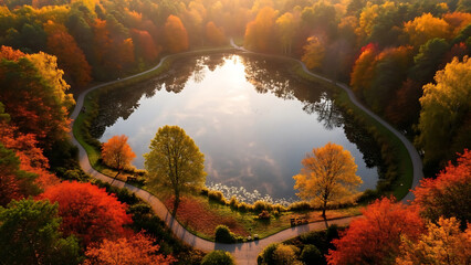 Scenic Lake View in a Colorful Forest Park at Sunset