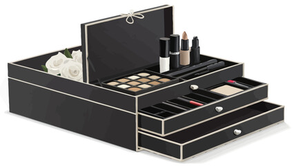 Elegant black makeup organizer with white roses and cosmetics