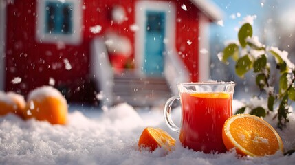 Inviting Snow-Filled Home with Vivid Red Walls and Winter Green Accents Paired with a Colorful Hot Beverage in an Ethereal Snowy Setting