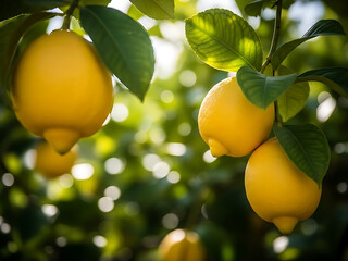 Vibrant golden lemons hang heavy on a sun-drenched tree branch, embodying the essence of natural freshness and the wholesome bounty of a thriving citrus orchard under bright light