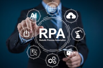 Businessman interacting with robotic process automation (rpa) and ai concept