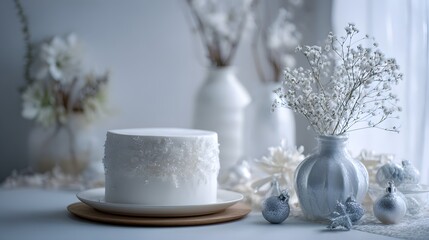 Minimalist Winter Photography Showcasing a Dazzling White Cake on a Subtly Adorned Table with a Bright and Calm Celebration Mood