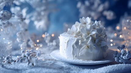 Creative Winter-Themed Photo Featuring a Refined White Cake on a Decorated Table with Cool Illumination and Reserved Copy Space