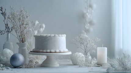 Minimalist Winter Photography Showcasing a Dazzling White Cake on a Subtly Adorned Table with a Bright and Calm Celebration Mood