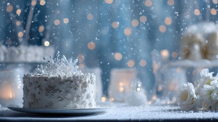 Creative Winter-Themed Photo Featuring a Refined White Cake on a Decorated Table with Cool Illumination and Reserved Copy Space
