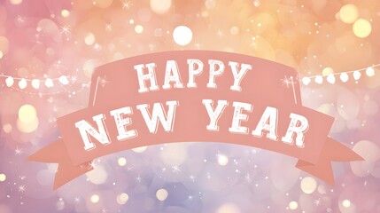 Elegant Festive Banner Displaying 'Happy New Year' with Modern Winter Aesthetics and Sparkling Decorative Elements