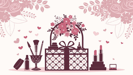 Elegant makeup and beauty products in a floral gift box