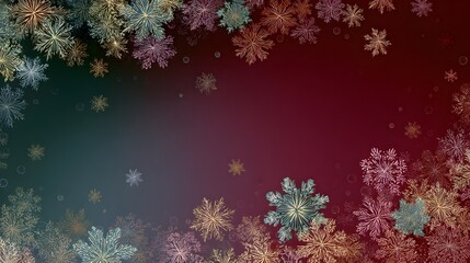 Vibrant Winter Border of Gradiently Shaded Snowflakes and Circular Elements Against Rich Hues of Dark and Metallic Backgrounds