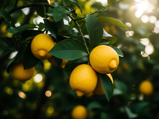 Bright yellow lemons hang heavy on a sunlit branch, their vibrant zest glowing amidst the deep green leaves of a healthy citrus tree, embodying the fresh bounty of nature