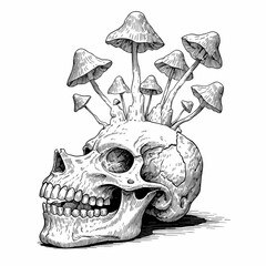 Mushrooms growing from a cracked jawbone, alchemical ingredient, hand drawn ink sketch.