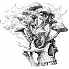 Mushrooms growing from a cracked jawbone, alchemical ingredient, hand drawn ink sketch.