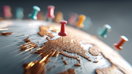 Colorful pins marking locations on a globe